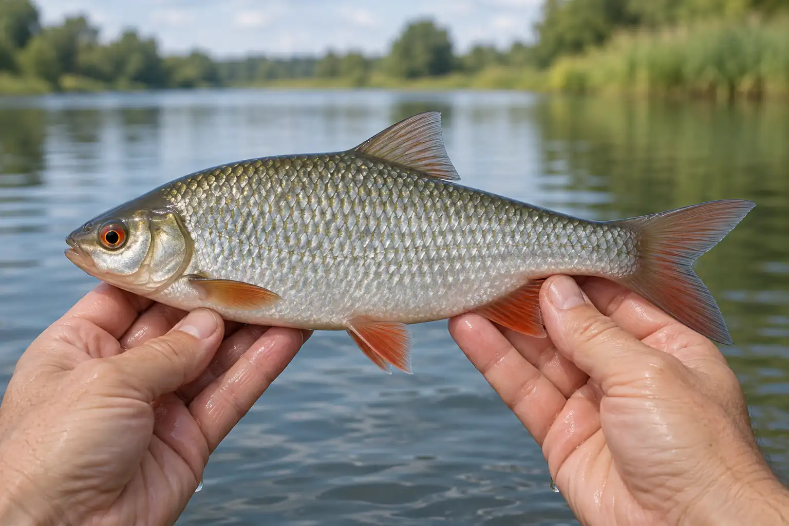 Rotauge behutsam in zwei Händen über dem Wasser
