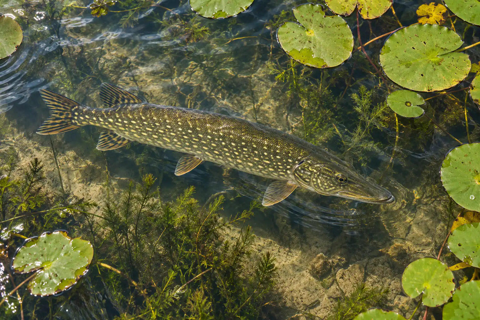 Hecht unter der Wasseroberfläche neben Seerosen