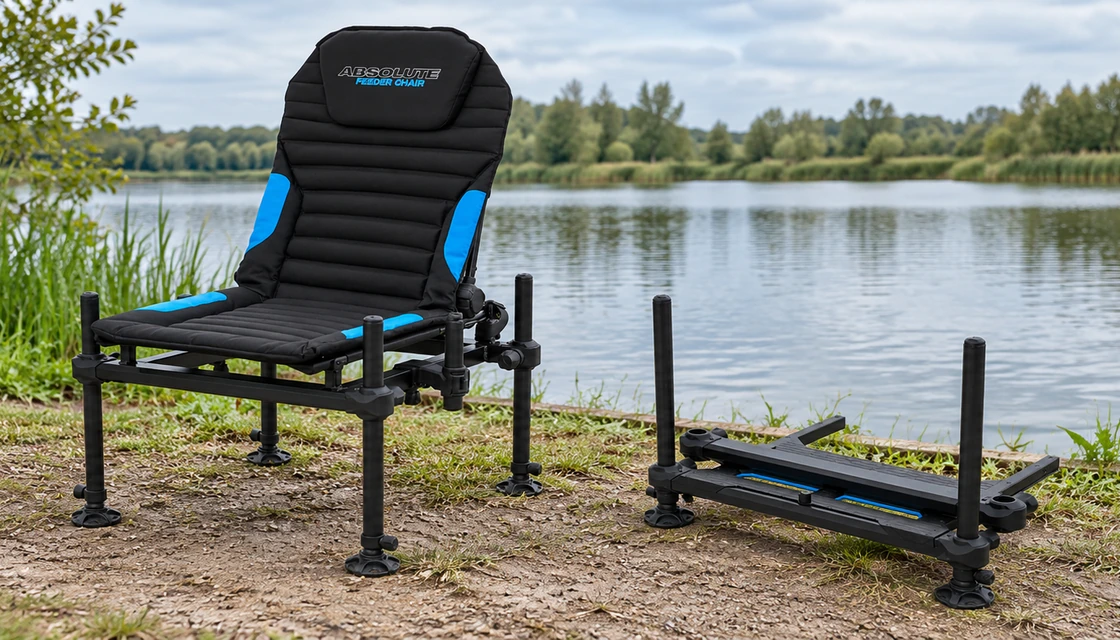 Preston Absolute Feeder Chair und Foot Platform am Seeufer