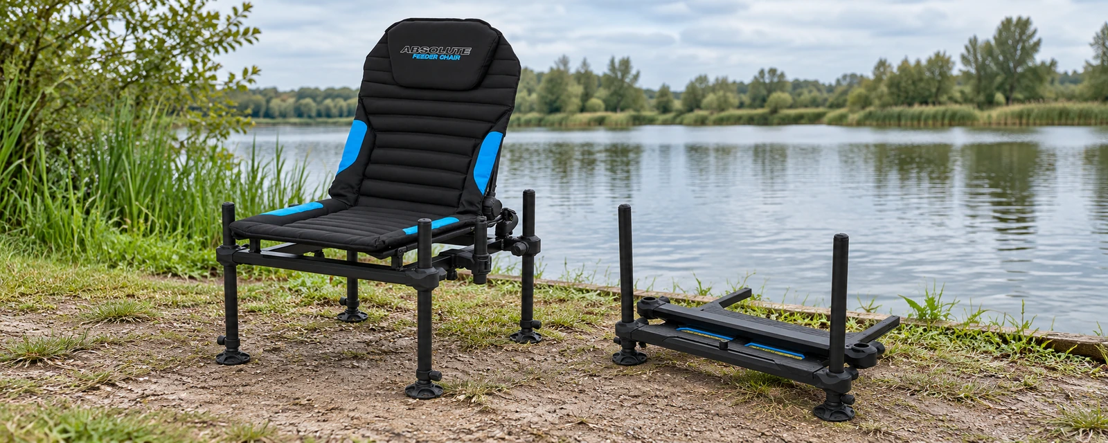 Preston Absolute Feeder Chair und Foot Platform am Seeufer