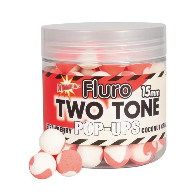 Dynamite Baits Fluro Two Tone Pop Ups - Strawberry & Coco. Cr. - 15 mm