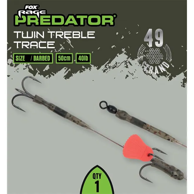 FOX Rage Predator Twin Treble Trace 50 cm Size 4 Barbed 40 lb