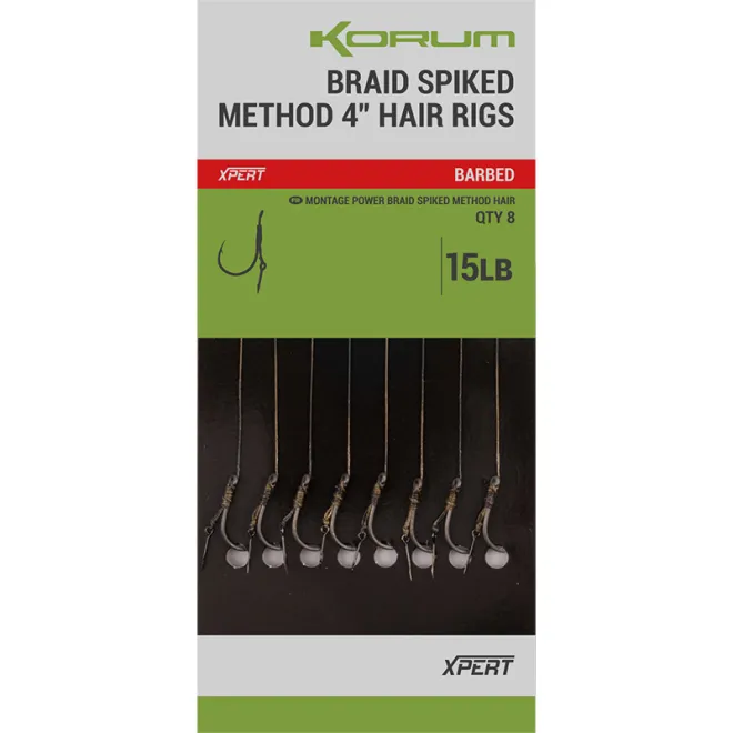 Korum Braid Spiked Method Hair Rigs 4 Inch 15 lb #8 Barbed
