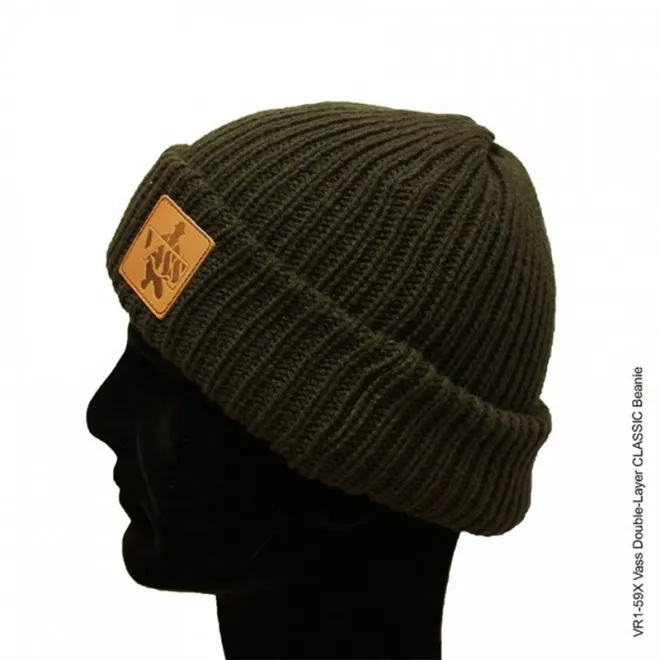 Vass Double Layer Classic Beanie Leather Badge